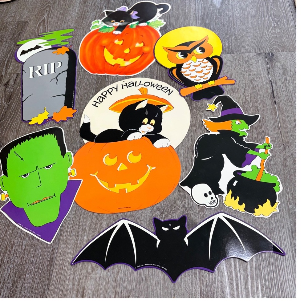 Vintage 1995 Halloween Die Cut Decorations Lot Witch Frankenstein Cat Bat 8pc